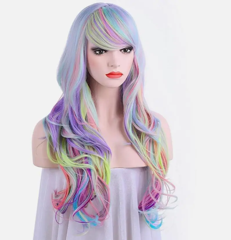 Wig penuh keriting panjang, rambut palsu Pastel pelangi banyak warna, Halloween Lolita menawan