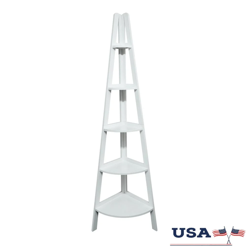 

5-Shelf Corner Ladder Bookcase Solid Wood Construction Adjustable Shelves Modern Design Office Kids Room Storage Solutions