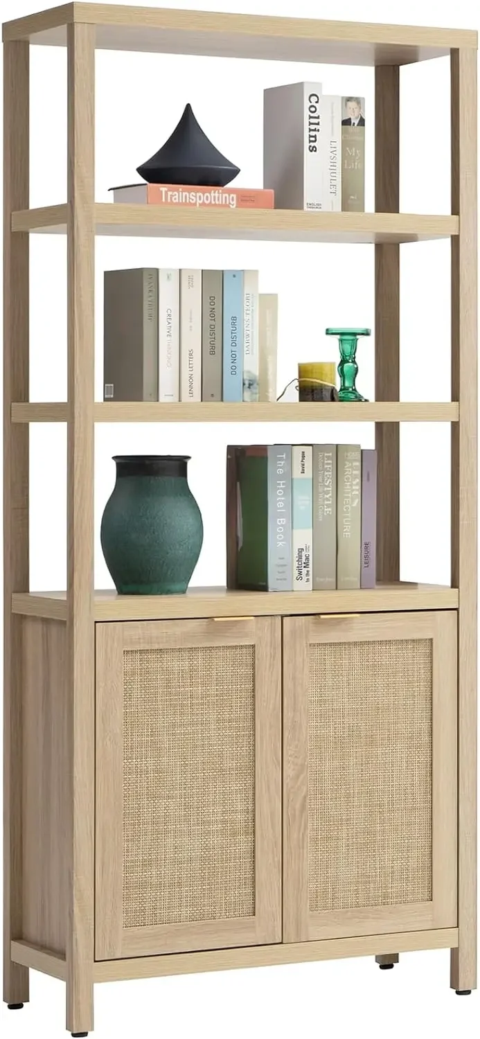 Bookshelf 5 Tier Book Shelf Rattan Boho Tall Bookcase with Doors Storage Wood Shelves Large Bookshelves Farmhouse Bookca