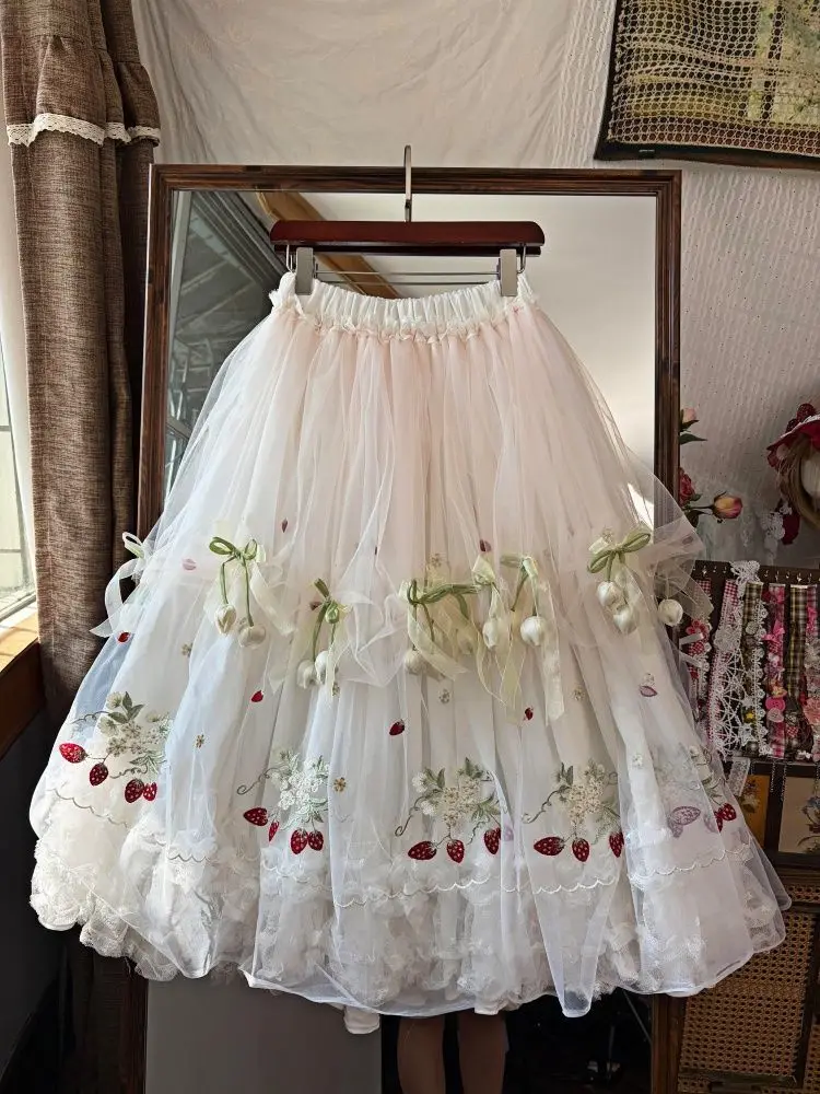 

Новая милая эластичная длинная юбка с бантом на талии, женская, от французского дизайнера, с кружевными вставками и тюлем, модная белая юбка в стиле Лолита