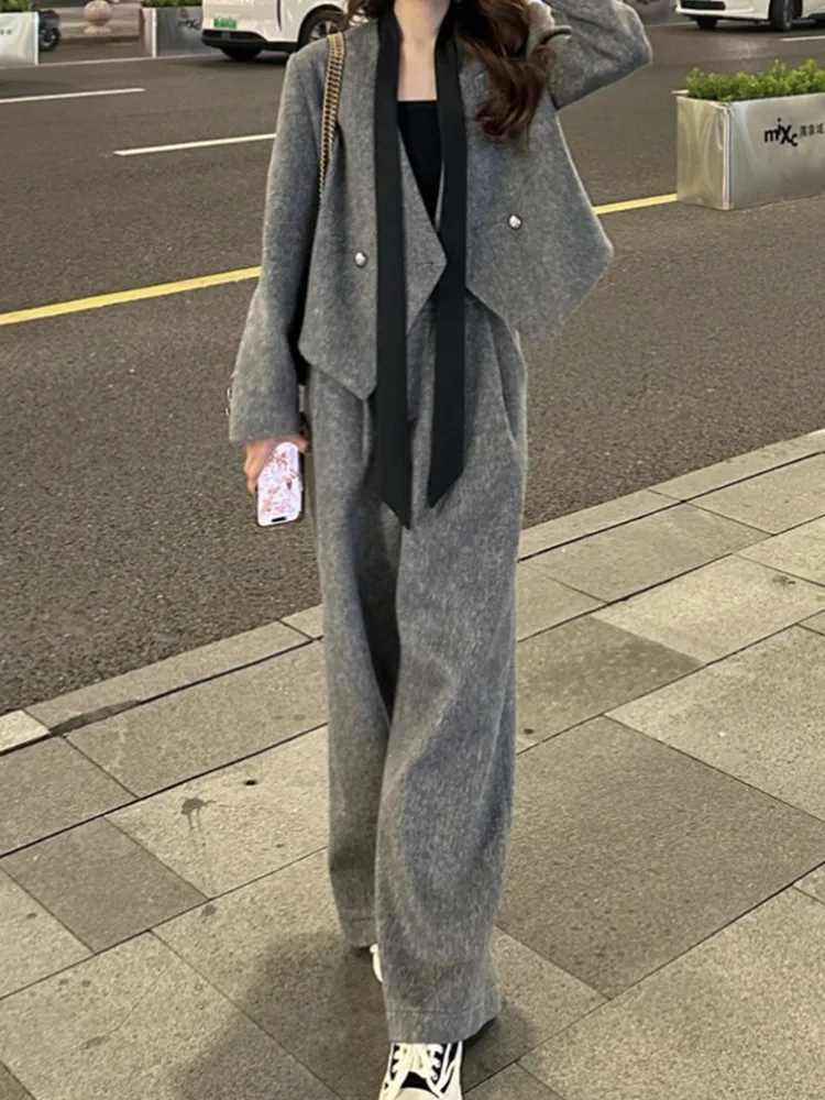 LANMREM Fashion Set Women\'s Autumn And Winter Irregular V-neck Woolen Coat Casual Straight Wide Leg Pants Two-piece Sets 2DB1411
