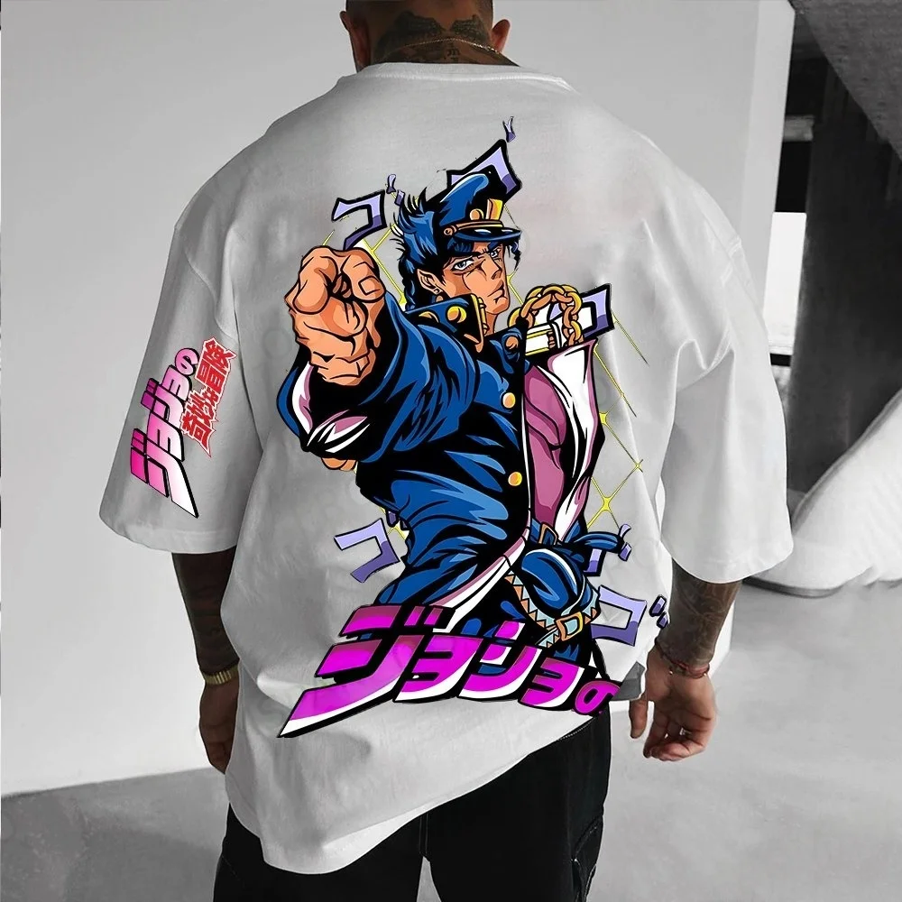 Verão 2025 anime jojo camiseta masculina de grandes dimensões streetwear marca y2k roupas casuais algodão feminino manga curta camiseta gráfica topo