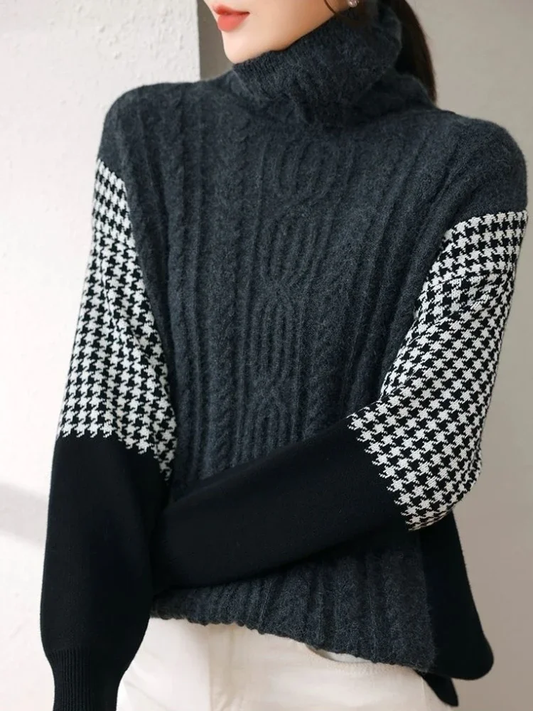 

2024 Autumn Fashion New Warm Fashion Knitted Hoodie Half High Collar Printed Checkered Thickened Color Blocking Sweater Jumper