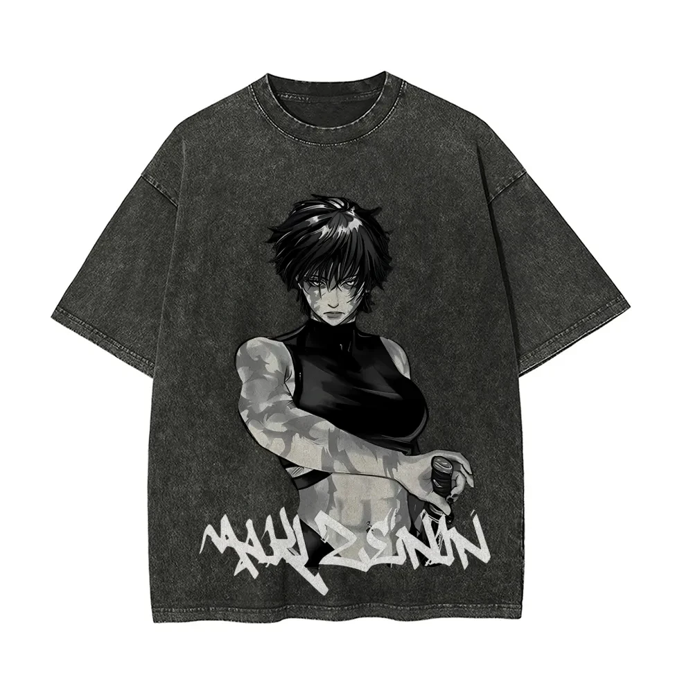Maki Zenin T-Shirt für Herren, Jujutsu Kaisen Toji-Stil, Vintage Acid Wash Streetwear, Übergroßes Retro Japanisches Anime-Grafik-Baumwoll-T-Shirt
