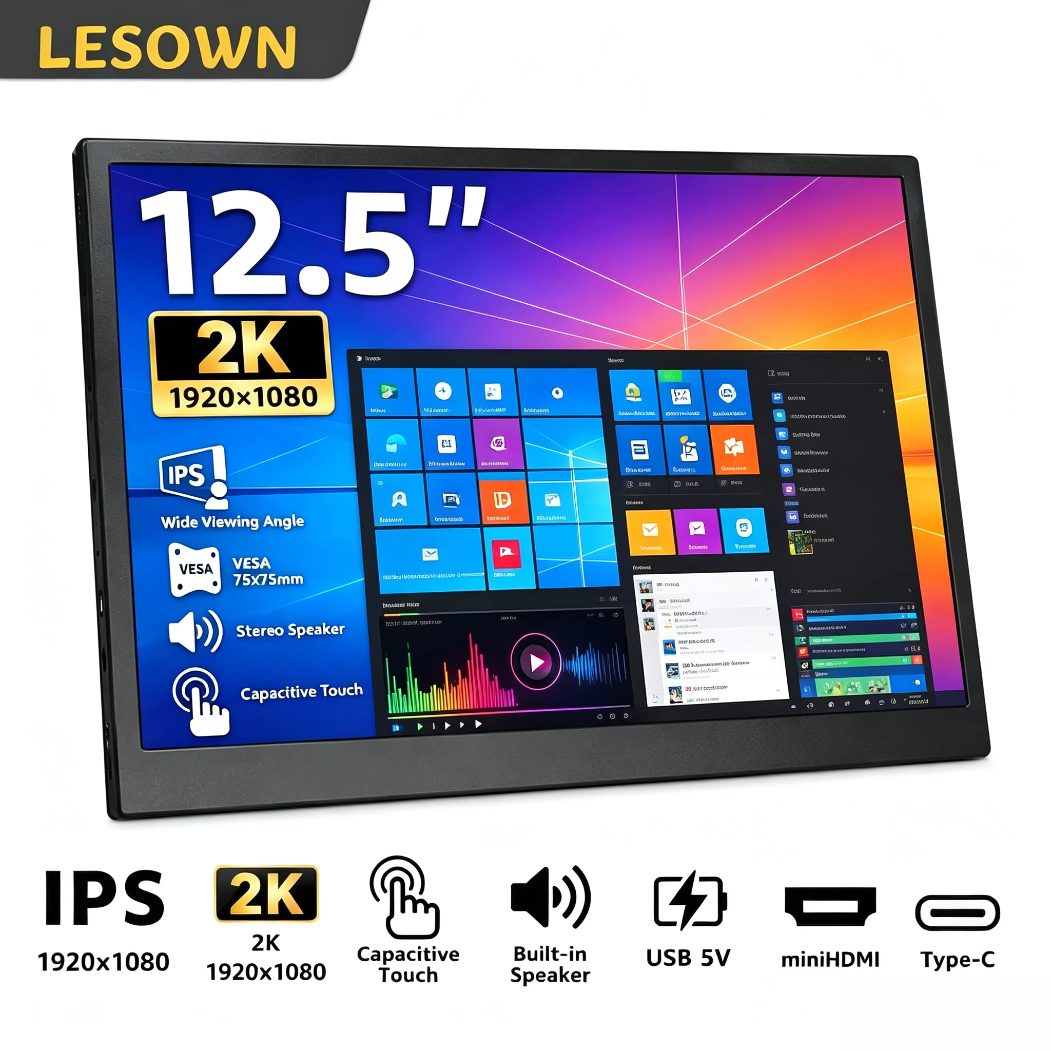 LESOWN 12.5" Mobile Screen 1920x1080 Resolution Aluminum Shell Plug & Play Touch Display for Gaming Laptop