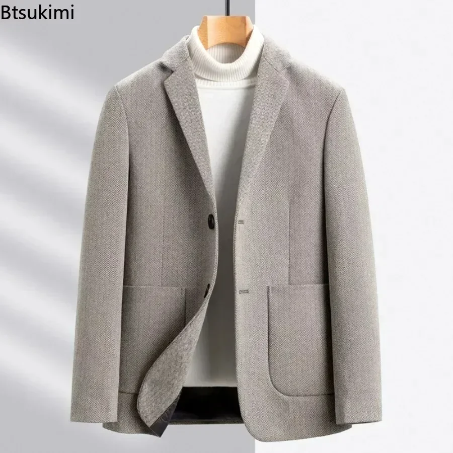 New 2024 Men\'s Woolen Suit Jacket Top Luxury Autumn Winter Men Casual Business Wool Single Breasted Blazer Overcoats Men Blazer