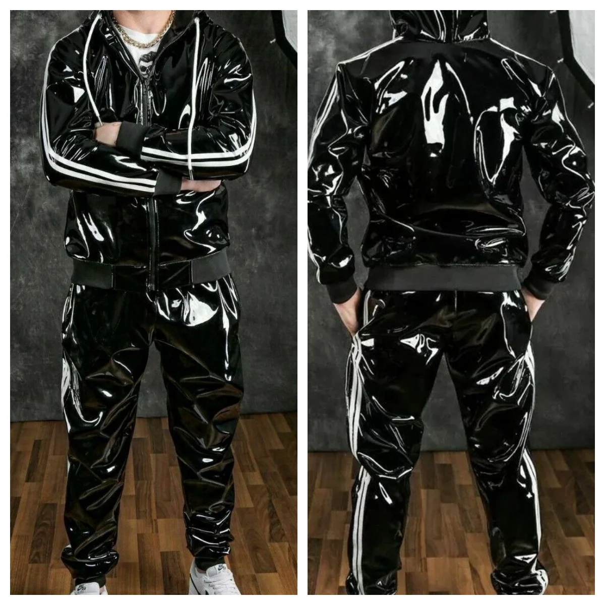 

Men's PU Leather Hoodie Suit Casual Sportswear Hooded Jogging Suit Sportswear Men Outfit Set Juicy Tracksuit