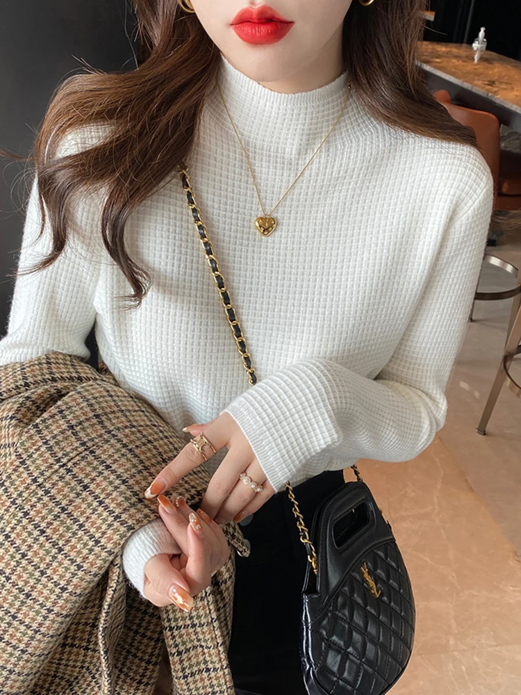 Women Autumn Winter Turtleneck Sweater Vintage Solid Waffle Pattern Knitted Female Sweaters Tops Casual Slim Pullover Jumpers