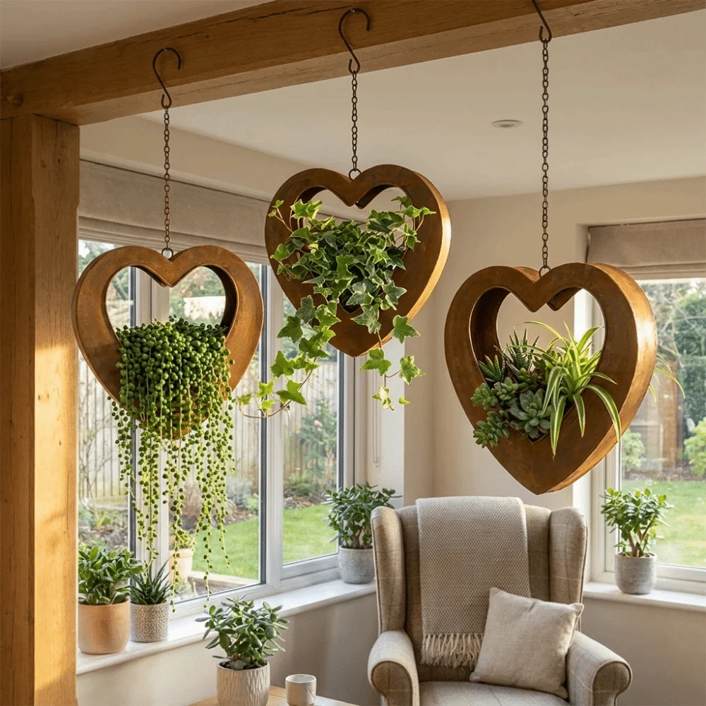 Decorative Retro Metal Plant Hangers Heart Shape Iron Plant Hanging Basket Romantic Plant Container Gift