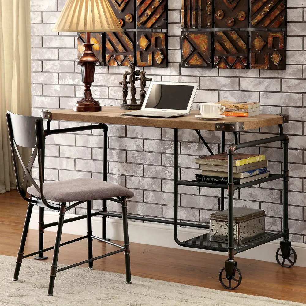 

Industrial Inspired Desk With An Antique Black Metal Construction Replicated Wood Top And Caster Wheel Accents
