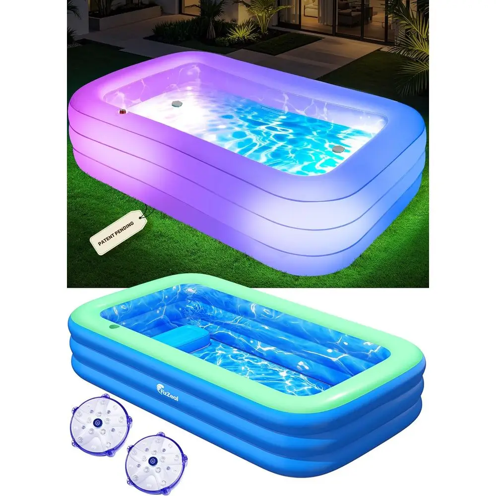 

Iatable Pool with Seat and Pool Lights, Durable Thickened Large Size Iatable Pools or Adults Blow Up Pools,110" x 63" x 20"Swimm