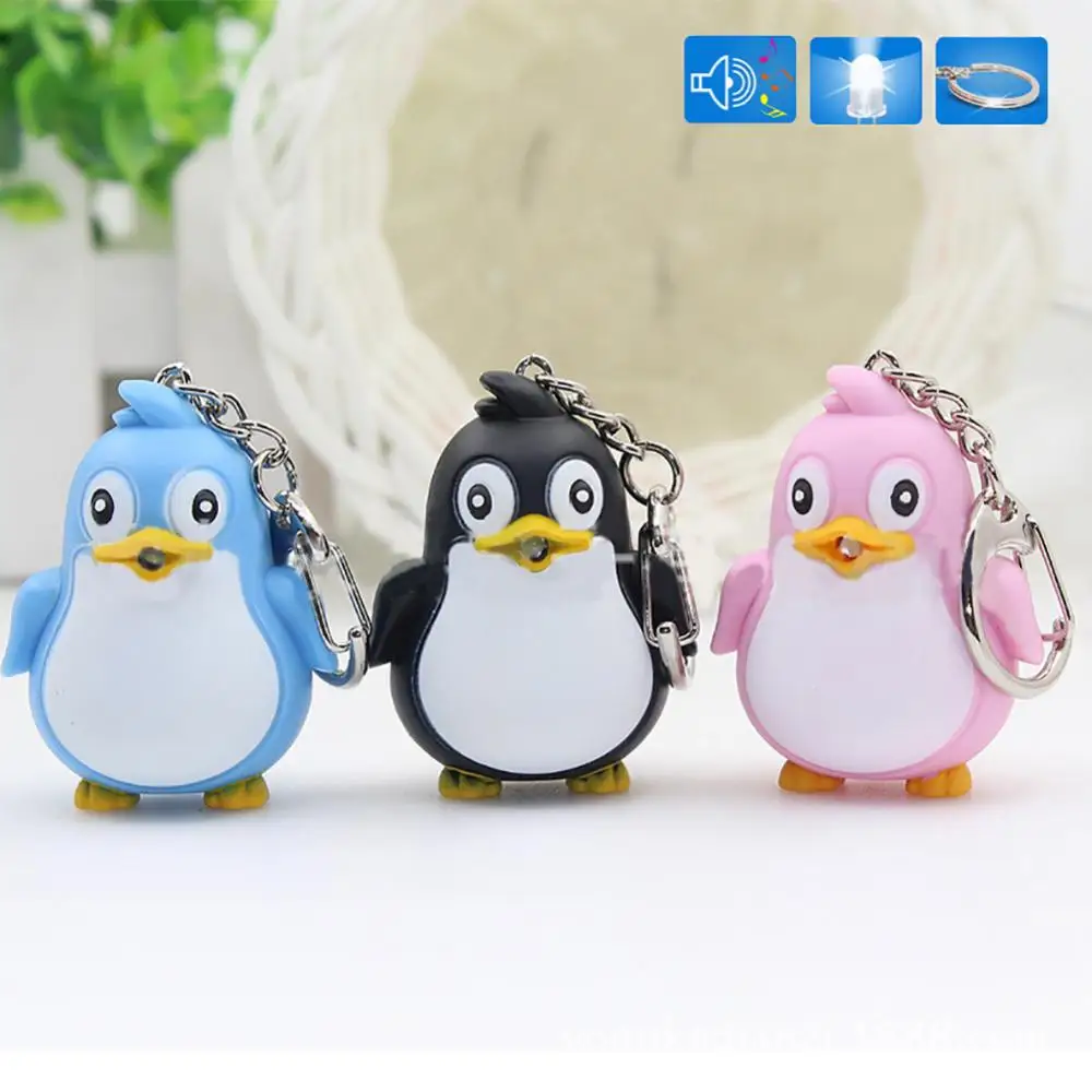 Cute Animal Penguin LED Light with Sound Key Chain Key Ring Torch Xmas Gift
