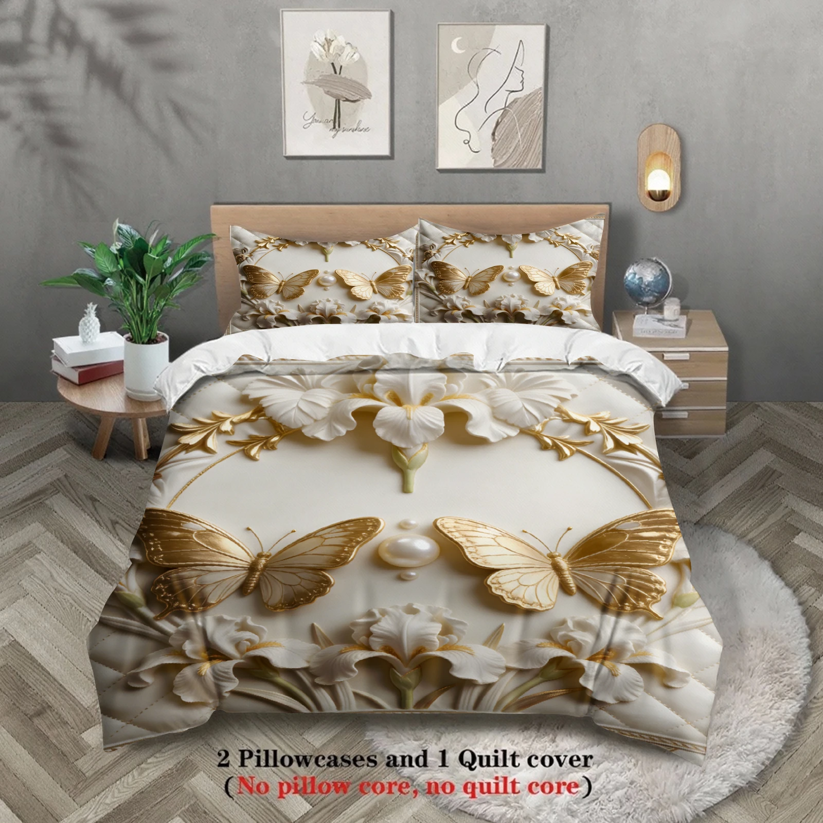 

Elegant Quilted Bedding Set White With Gold Butterflies And White Flowers Duvet Cover Pillowcases For Bedroom Decor