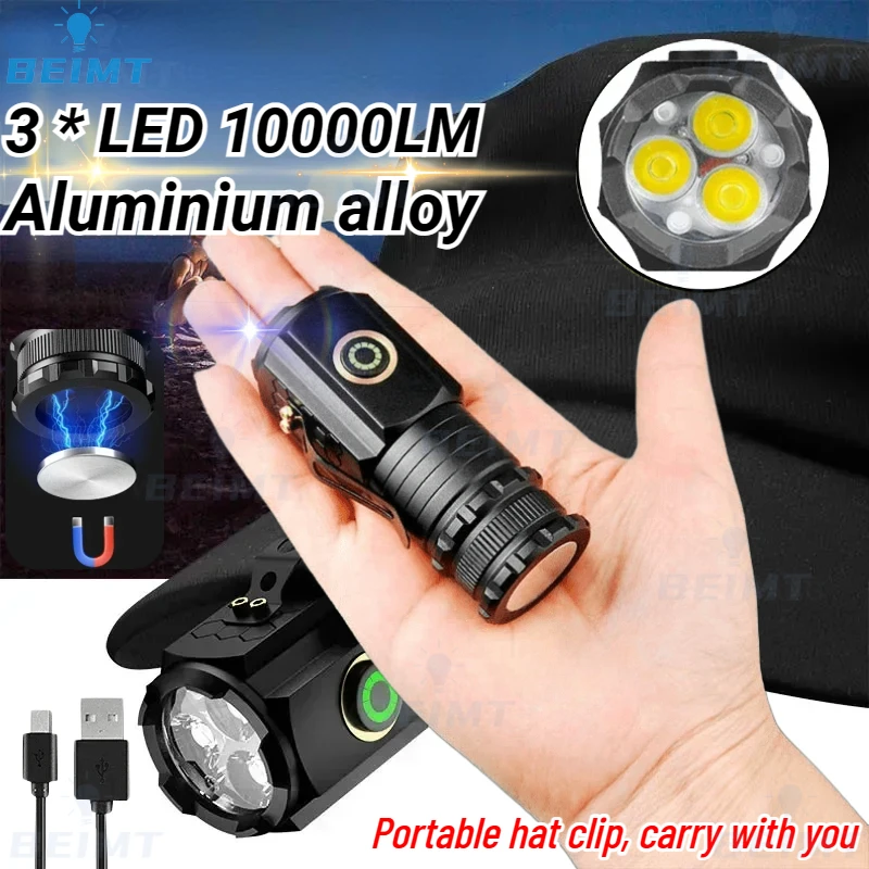 Impermeável alumínio liga tocha, Luz USB recarregável, IP68 impermeável com ímã, alta qualidade, 3 * lanterna LED para caminhadas e camping, 18350