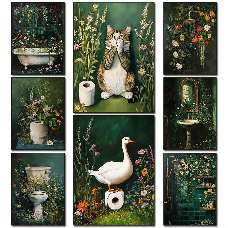 

Ретро-постеры с растениями и цветами в готическом стиле для ванной комнаты, с изображением кошки и утки, для туалетной бумаги, алмазная живопись, настенные картины, декор для дома