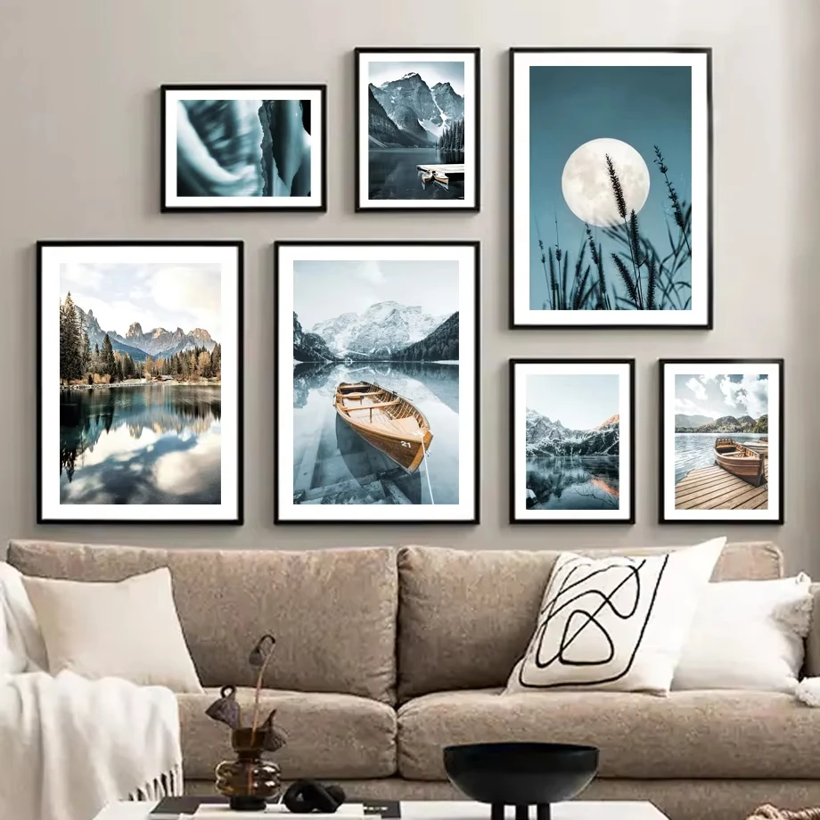 Calm Lake Mountains Rivers Docks Boats Wild Grass Moon Wall Art Canvas Painting Nordic Poster Printing Living Room Decoration
