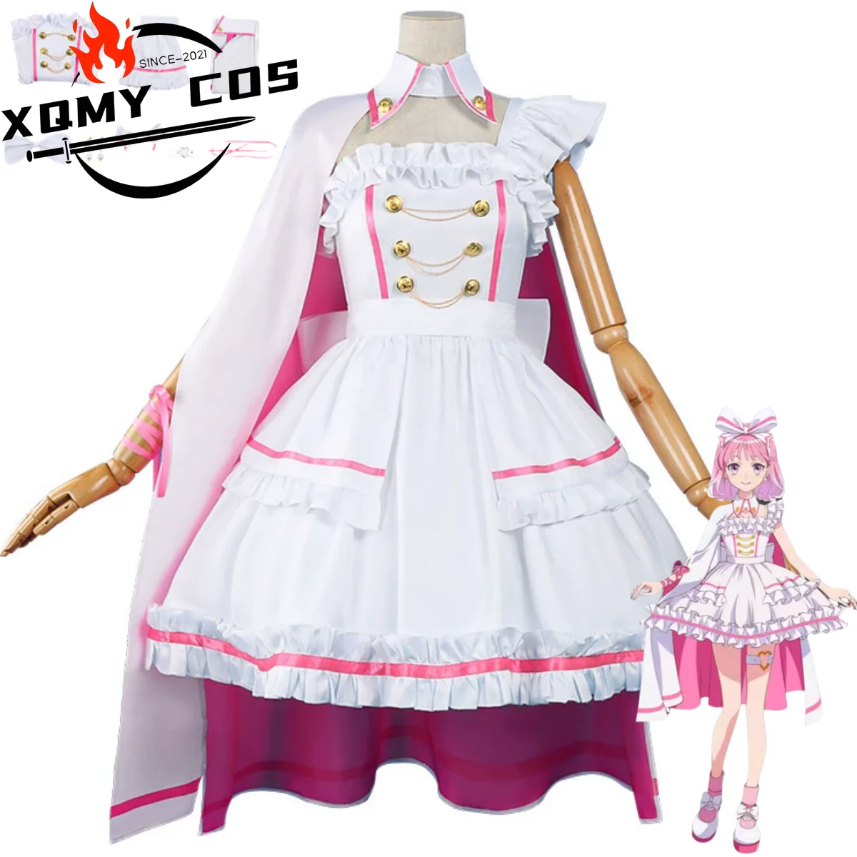 

XQAnime Maebashi Witches Akagi Yuina Cosplay Costume Pink White Dress Lolita Cloak Woman Sexy Kawaii Masked Ball Party Suit