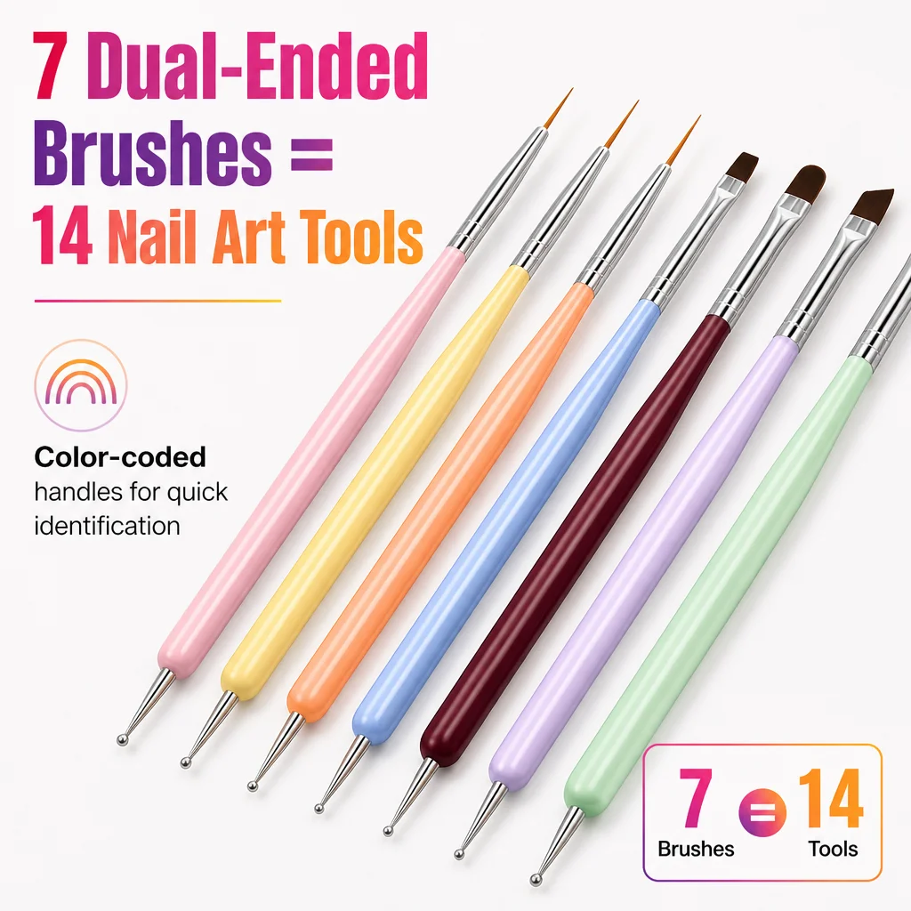 7PCS Nail Art Brush Set Double Ended Liner Dotting Pen UV Gel Acrylic Ombre French Painting Drawing Manicure Kit Salon Home DIY