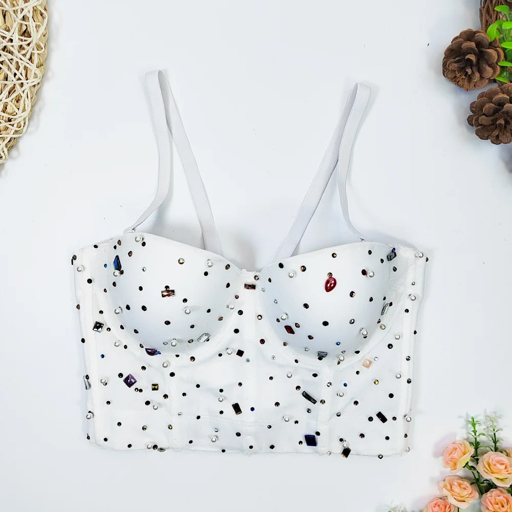  Acrylic Strap Vest Top Women's Short Wrap Chest Diamond Rhinestone Tube Top  Gemstone Women's Fashion