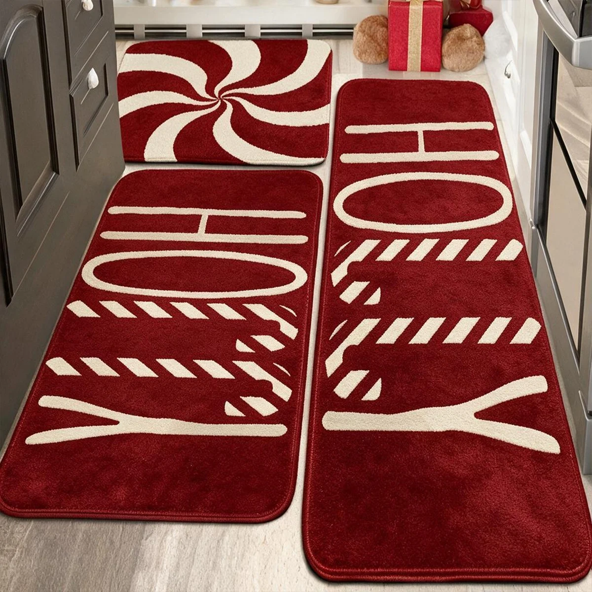 Christmas Kitchen Rug with Winter Wonderland Print Square Plush Flannel Floor Mat Non Slip Water Absorbent