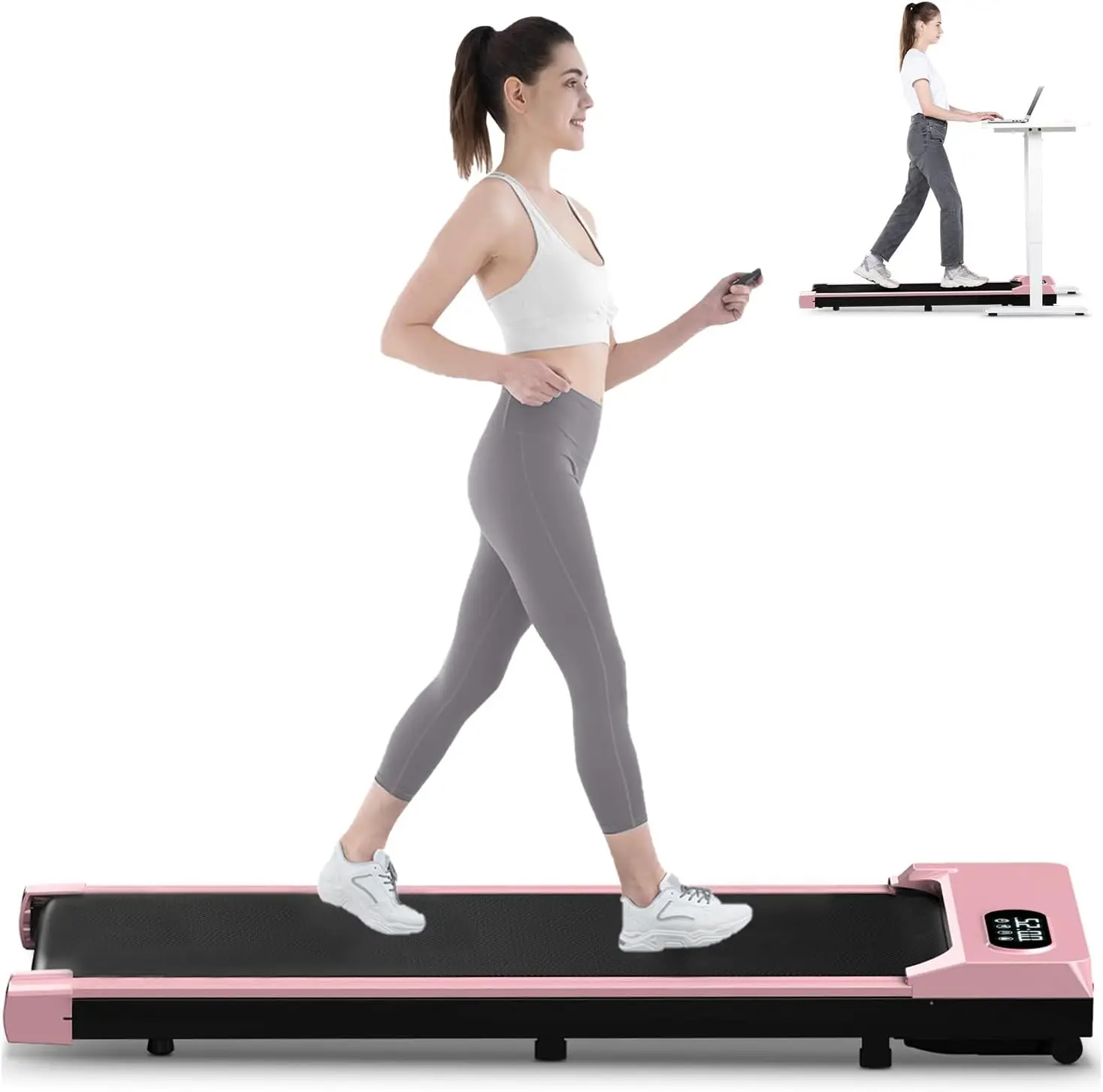 Mini Walking Pad Under Desk Treadmill Home, 5MPH, 320lb Weight Capacity, Smart Control, LCD Display, Installation Free, Pink