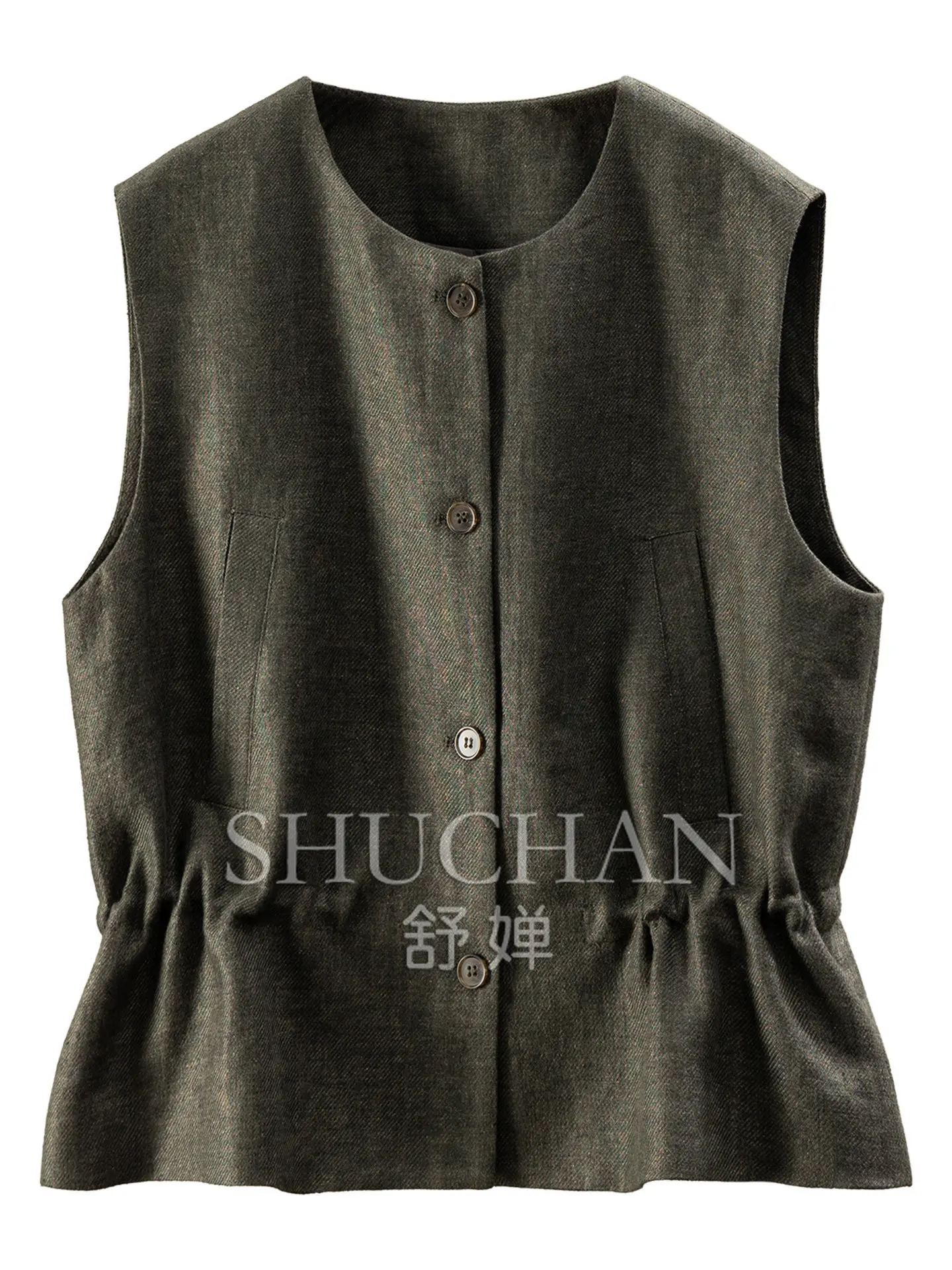 High-quality Tank Top Natural Linen Pleated Waist Round Neck Vest Jacket Women's E184 Waistcoat Women