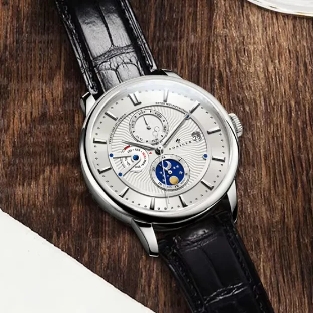 PONIGER  Men Automatic Watch 42mm Mechanical Wristwatch Waterproof Sapphire Mirror Luminous Multi-Dial Month Week Date