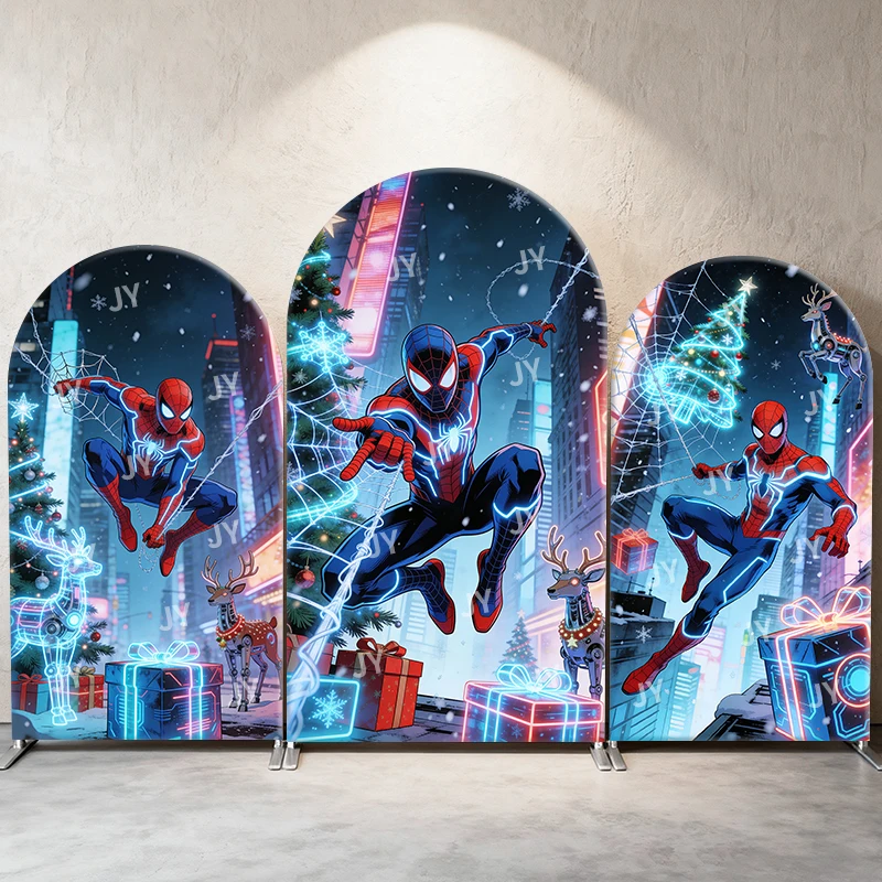 

Spiderman Neon Christmas City Arch Backdrop Cover Futuristic Winter Scene For Kids Birthday Baby Shower Photo Booth Background