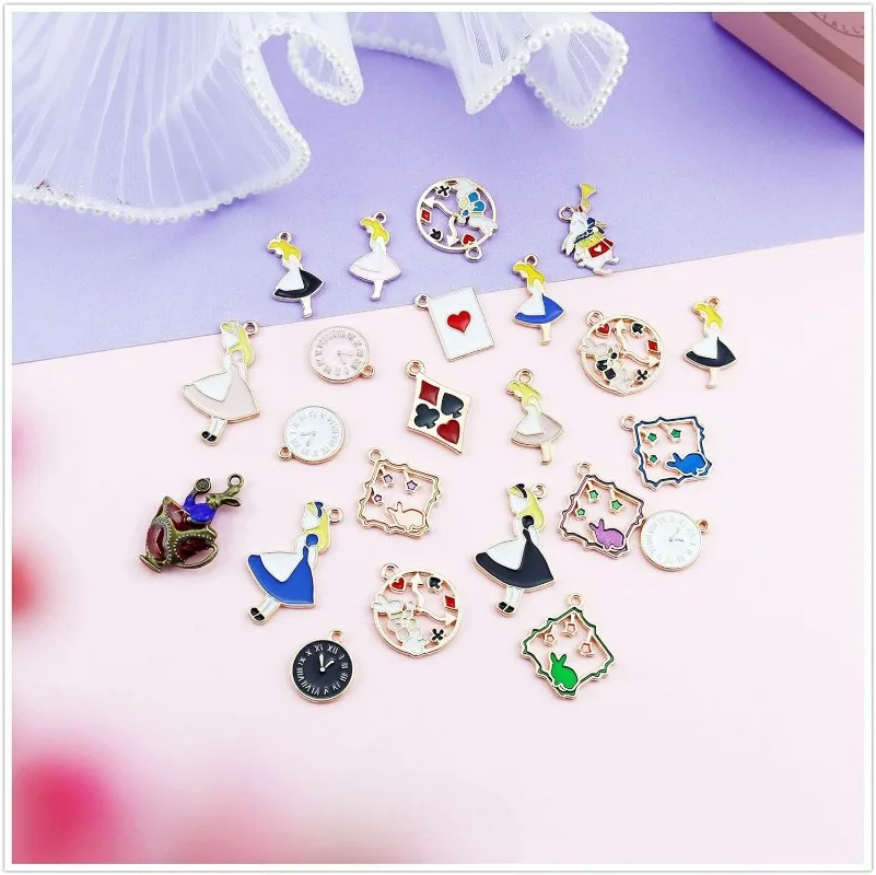 19PCS Assorted Gold Plated Enamel Alice Wonderland Wreath Charm Pendant DIY for Necklace Bracelet Jewelry Making and Crafting