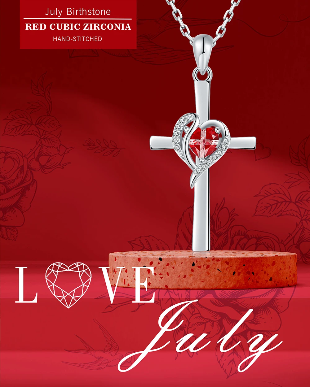 925 Sterling Silver Cross Birthstone Pendant With Heart Handcrafted Inlay Zircon Faith Love Jewelry, Birthday Gifts for Women