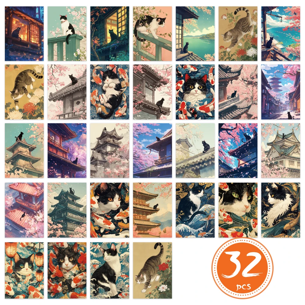 32 Stück japanische Katzenpostkarten, Ukiyo-E-Stil, süße Katzenposter, Wohnzimmer-Dekorationsaufkleber, Weihnachtsgeschenk, Schlafzimmerdekoration – Detail 4