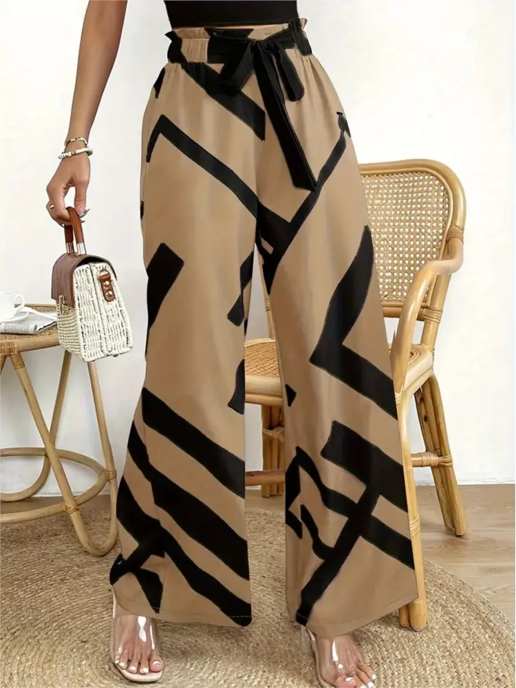 Fashion Women's Printed Pants 2024 Spring Summer Casual Daily Wide Leg Pants Streetwear 2024 New Lace Up Wide Leg Pants