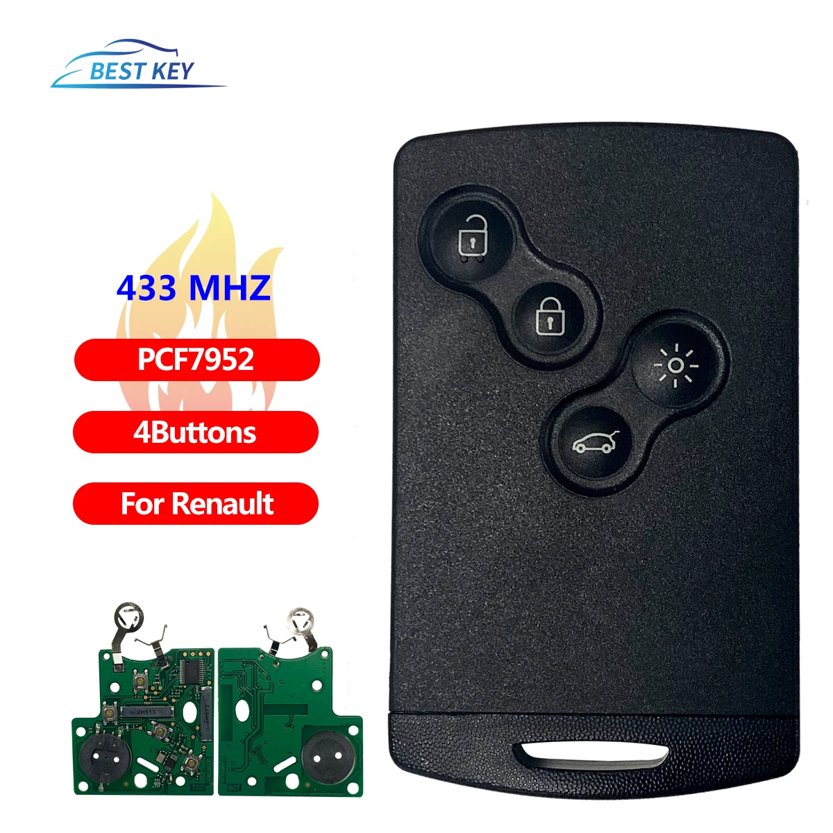 BEST KEY 4 Button Smart Card Remote Key 433Mhz for  For Renault Megane3 Fluence Scenic Laguna 3 Koleos Clio PCF7952 Replacem