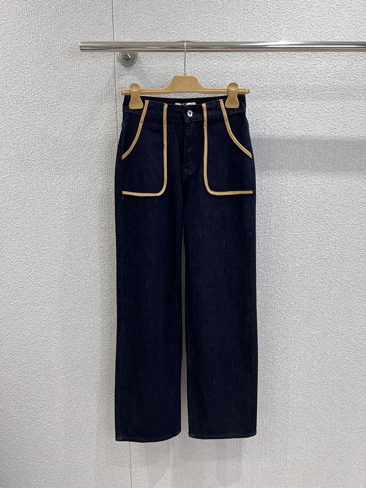 Jeans casual da donna blu navy moda primavera e autunno, nuovi jeans lavorati a maglia tinta unita a gamba dritta