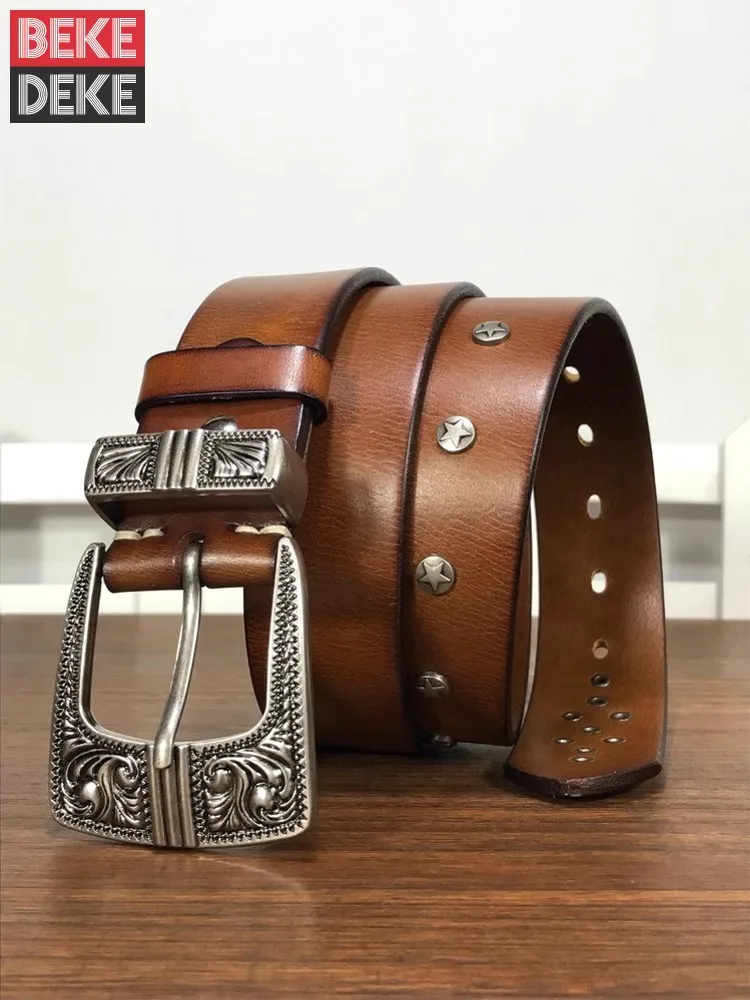 

Mens Casual Vintage Pin Buckle Cowhide Genuine Leather Belt Star Rivets Thick Strap For Jeans Width 3.8cm Fashion Waistband