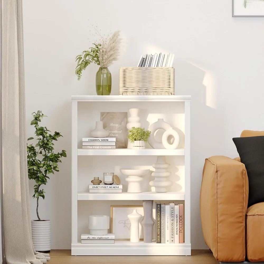 

3-Shelf Bookcase White Wooden Bookshelves 33in Wide Floor Standing Display Storage Shelves Tall Bookcase for Home Office