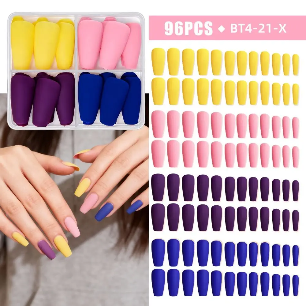 96pcs Coffin Ballet French False Nails Matte Pure Color Press on Nails Detachable Mix Color Full Cover Nail Tips