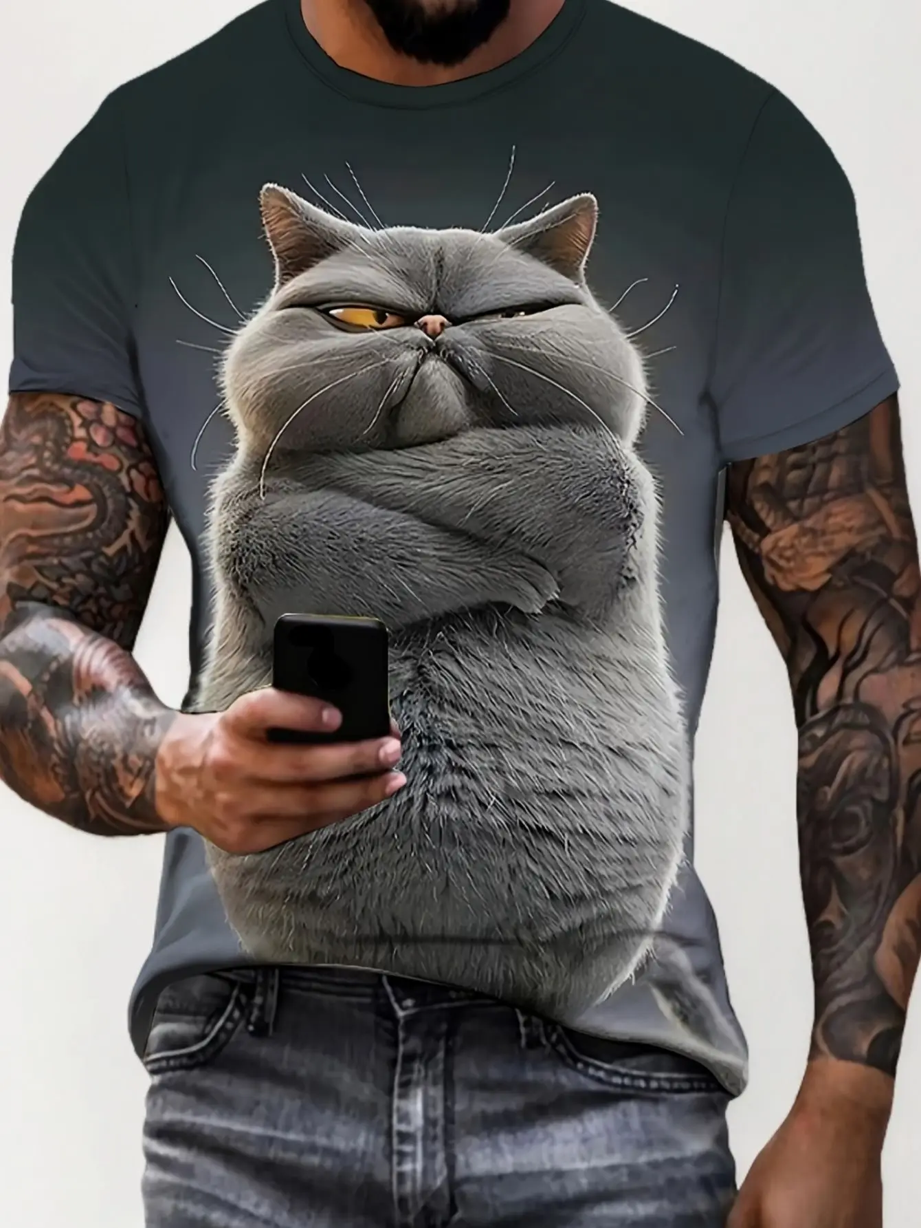 Herren T-Shirt Cartoon Niedliche Katzengruppe 3D-Druck Kurzarm Rundhals Sommer Lustige Streetwear Lässige Mode Oberteile Herrenbekleidung – Detail 7