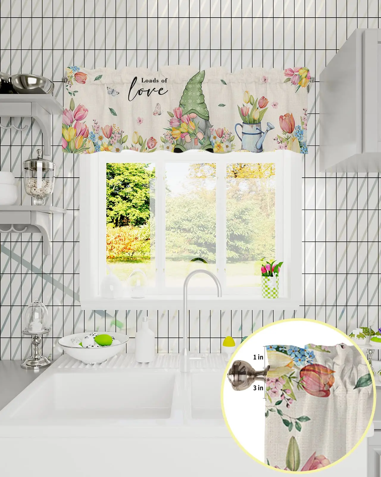 Kitchen Curtain Valance, Gnome Colorful Flower Tulip Watercolor Floral Short Rod Pocket Window Curtain for Bedroom, Bathroom