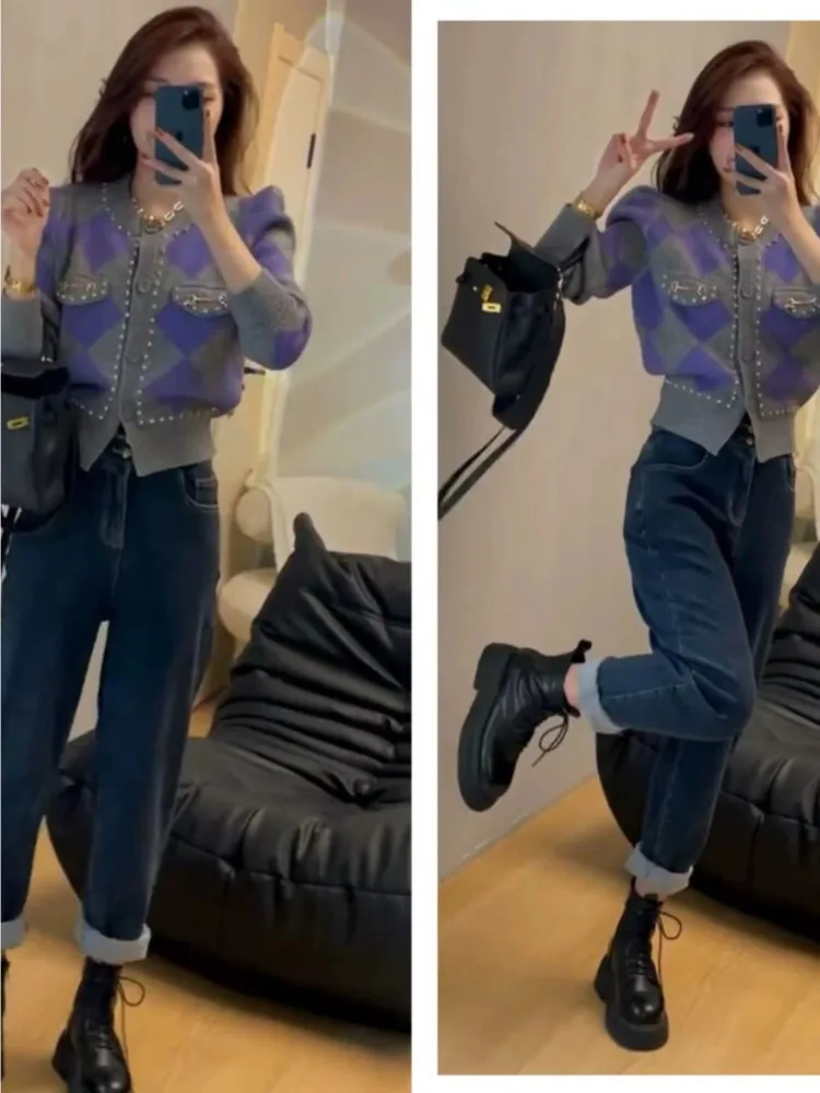 New Purple Argyle Knitted Sweater Spring Autumn Long Puff Sleeve Single Breasted Cardigan Korean Fashion Diamond Short Knit Tops