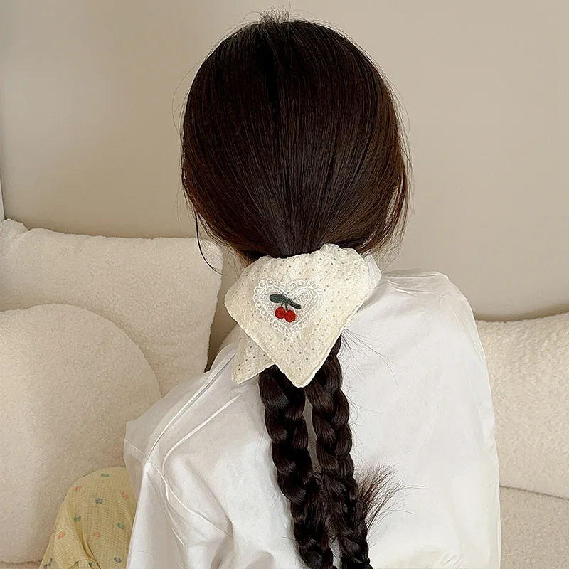 2025 New Trendy Cherry White Fabric Hollow Scrunchies Sunny Square Hair Bundle Women College Girls Oversized Hairbands Hair Rope