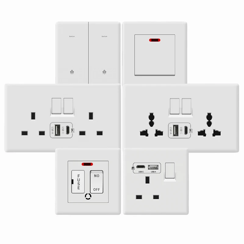 

White UK 13A Wall Socket with USB C 18W Quick Charge Plug Socket,Wall power outlet with USB port, 1gang3way Intermediate switch