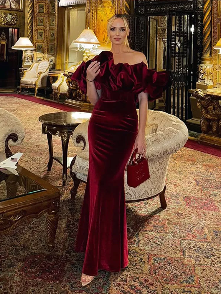 Red Velvet Ruffles Spliced High Wasit Long Dress Fashion Women Bodycon Off Shoulder Vestidos 2025 Lady Elegant Chic Party Gowns