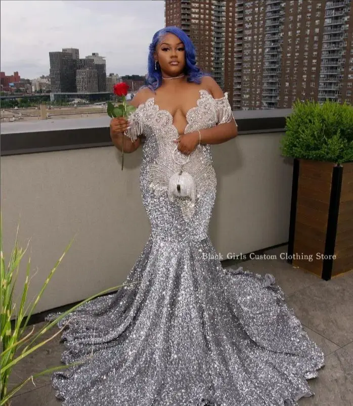 Silver Strapless Mermaid Prom Dress 2024 Sparkling Diamante Beaded Set Sequins Black Girls Birthday Dresses for special events