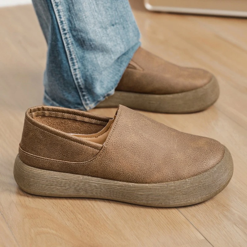 

Мужские кожаные лоферы в ретро-стиле, большие размеры, однотонные, высококачественные, плоские, цельные, модные повседневные туфли