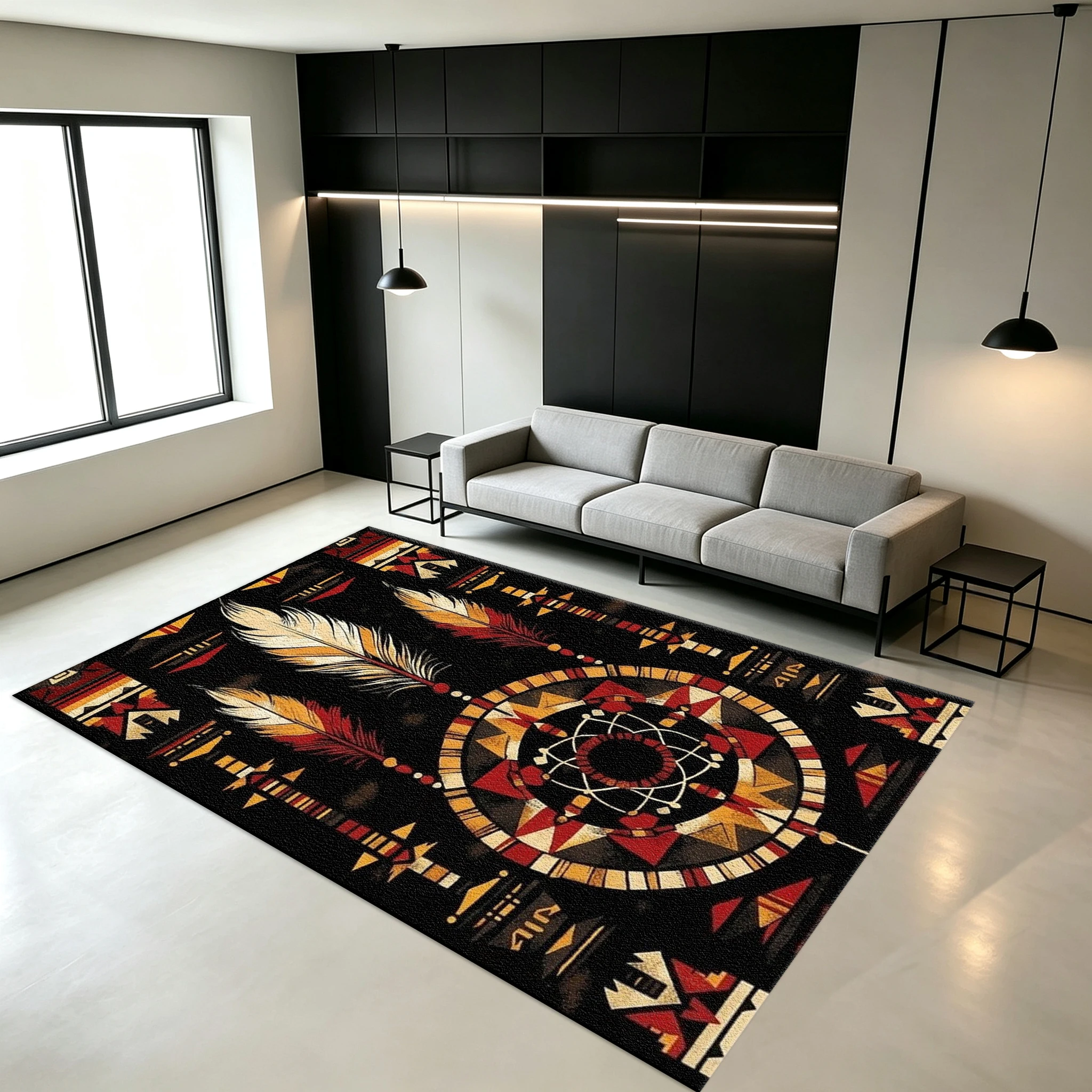 Tribal Native Feather Dreamcatcher Carpet Retro Ethnic Style Square Floor Mat Indoor Non-Slip Decorative Mat