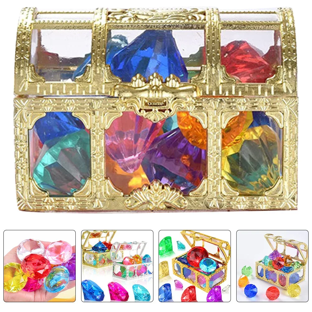 2 Gemstone Pool Toys With Treasure Chest Kids Water Play Acrylic Diamond Bath Accessories Underwater Toy Pool Accessories Water