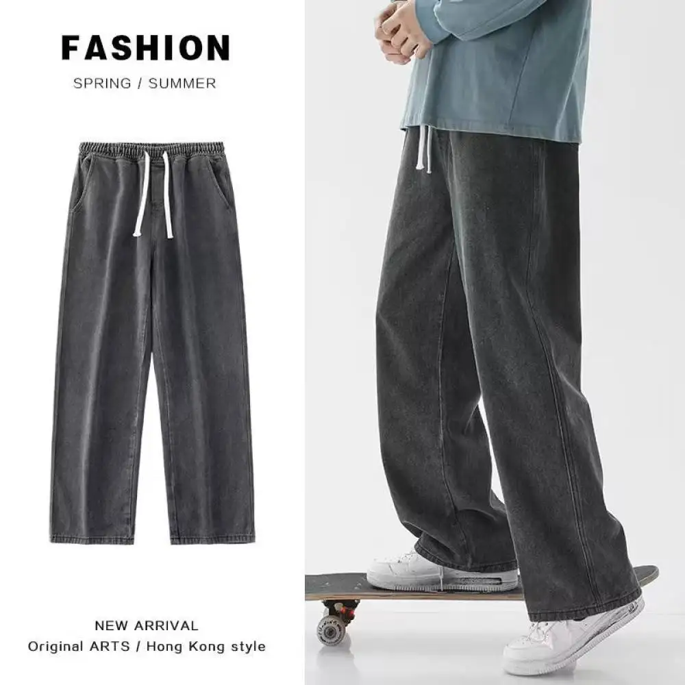 Fashion Mens Denim Jeans Summer Retro Straight Leg Pants Elastic Waist Loose Fit Casual Male Trousers Trendy Streetwear
