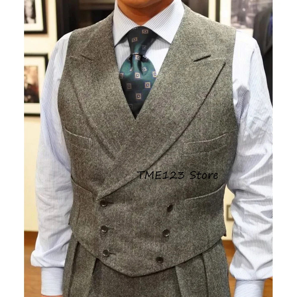 

Vintage Herringbone Fabric Fancy Vest for Men's Suit Single-pocket Design Workwear Elegant Man Vest Business Casual Peak Lapel