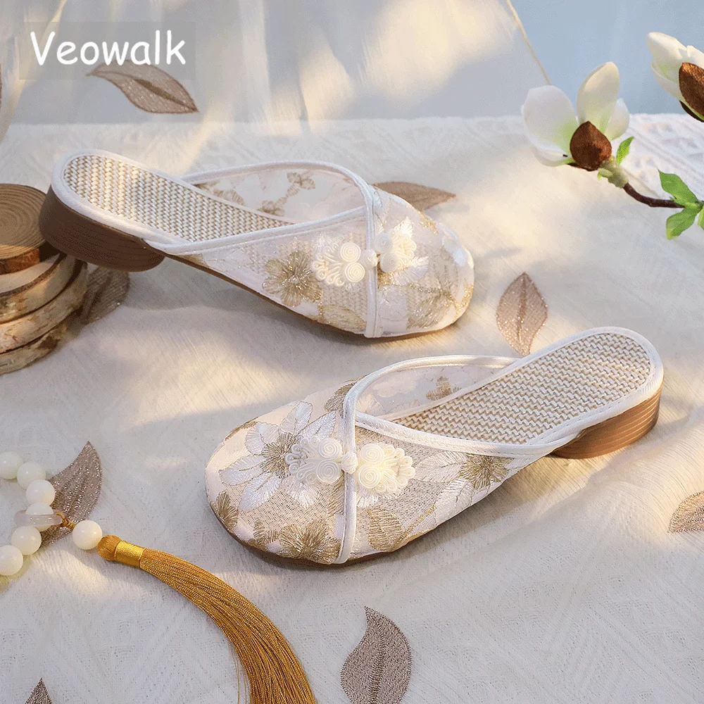 Veowalk Summer Women Gauze Mesh Embroidered Flat Mules Slippers Breathable Comfortable Walking Shoes for Elegant Lady Vegan Home